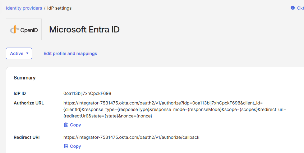 Okta Identity Providers — Entra ID listed as Active OIDC IdP
