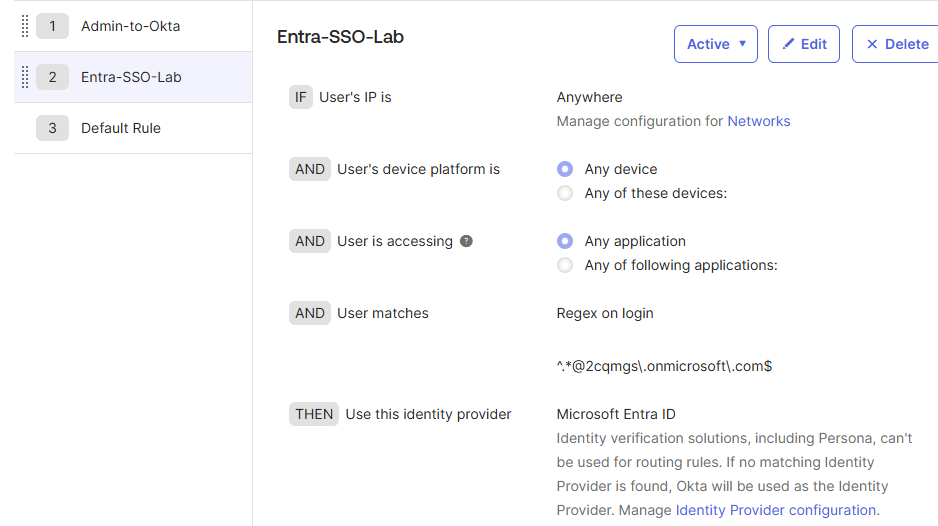Okta routing rules — admin bypass at position 1, domain redirect below