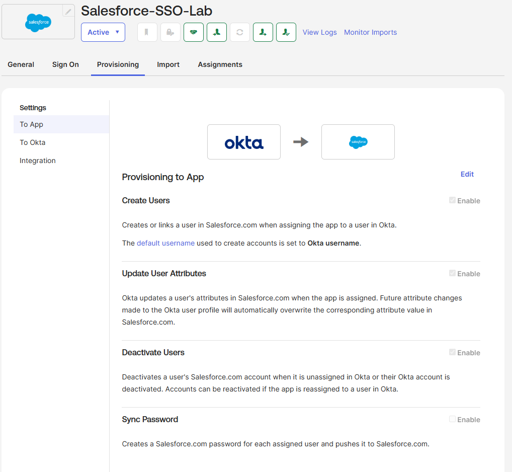 Okta Salesforce app — SCIM provisioning via OAuth configured and active