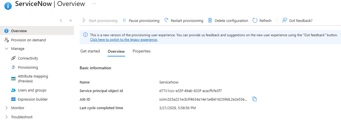 Entra provisioning to ServiceNow — SCIM provisioning active