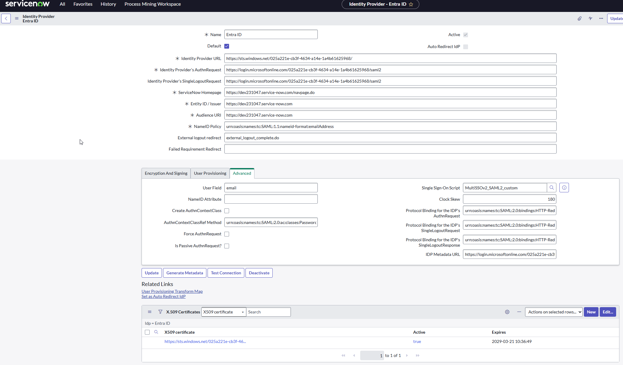 ServiceNow SSO IdP record with Active toggle on